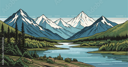 Scenic mountain landscape with river and snow-capped peaks
