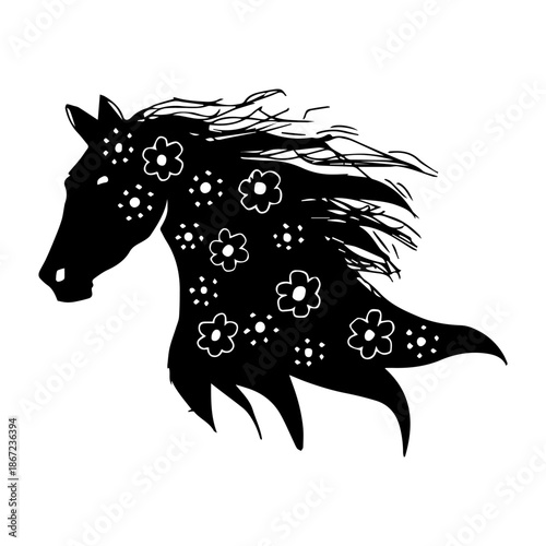 Black silhouette of a horse with flowers on its head. Vector illustration