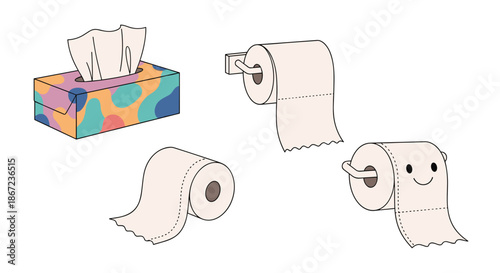 Collection of toilet paper and tissue box illustrations including rolls on holders and a cute smiling roll character.
