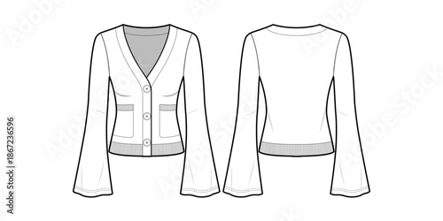 Women's V-neck Button Down Cardigan, Bell Sleeve- Front and Back View- Technical Fashion Illustration- Black and White Color- Women's Long Sleeve Top CAD Vector Mockup