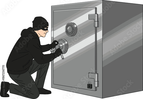Masked burglar in black clothing attempting to crack a large metal bank safe with a combination dial, flat vector illustration for crime and security concepts.