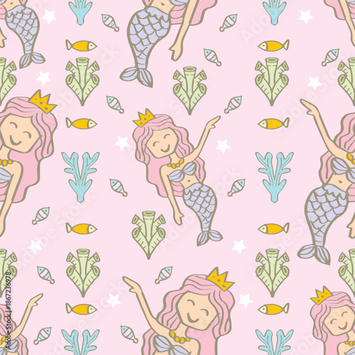 Seamless pattern with cute mermaids and seaweed. Vector illustration.