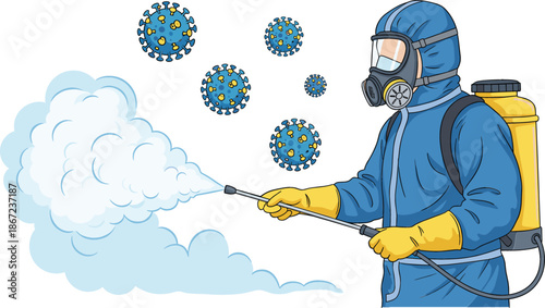 Professional worker in blue hazmat suit and gas mask spraying disinfectant chemical fog to kill virus cells and bacteria for sanitation vector illustration.