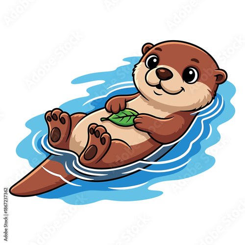 Charming cartoon otter leisurely floats on its back in sparkling blue water, gently holding a vibrant green leaf, depicting peaceful aquatic life