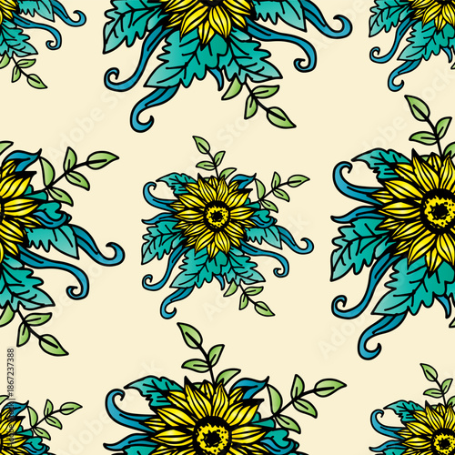 Seamless pattern with decorative sunflowers. Hand drawn vector illustration on a light yellow background