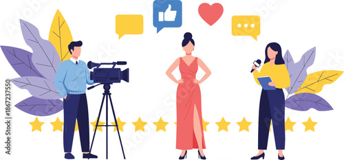Professional flat vector illustration of a celebrity interview on red carpet with cameraman journalist social media icons and star ratings for news.