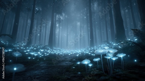 Surreal glowing forest scene enchanted woods digital art nighttime atmospheric nature's mystique