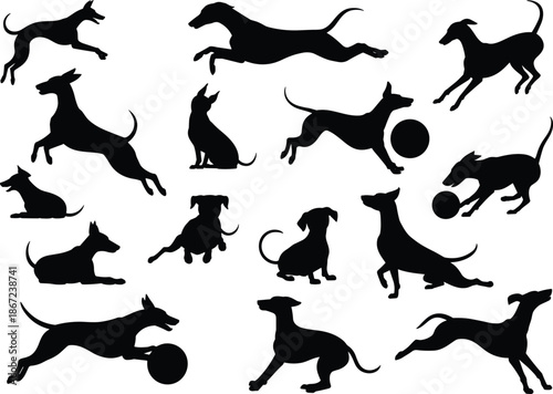 Dog silhouettes set, playful running jumping poses, black canine shapes, pet activity collection, isolated animal illustration on white background
