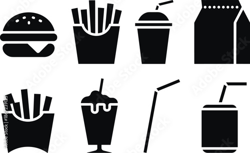 Fast food icons silhouette set burger fries soda milkshake carton straw packaging isolated vector illustration black white minimal design collection