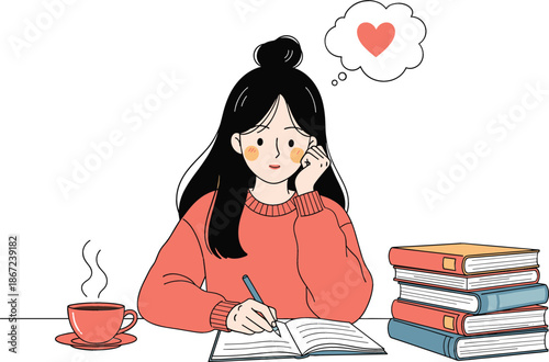 Young woman student daydreaming about love while studying at desk with books and hot coffee thinking of heart in thought bubble.