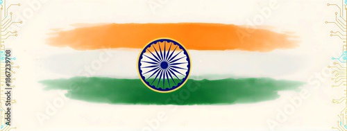 India Flag Watercolor Background with Ashoka Chakra and Digital Technology Circuit Board Art. 