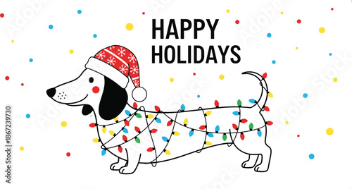 Cute dachshund dog wearing santa hat wrapped in colorful christmas lights with happy holidays text festive holiday winter greeting card vector.