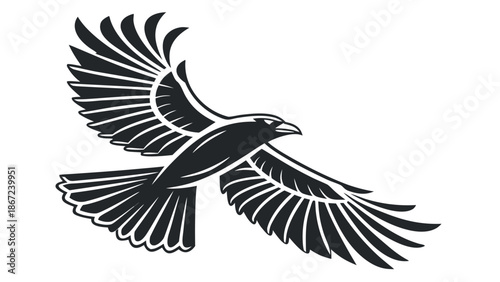 Stylized Black and White Flying Raven Illustration with Spread Wings