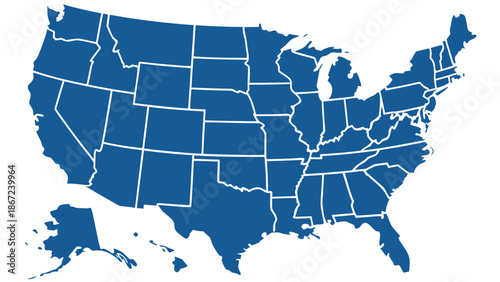 Blue Silhouette Map of the United States with State Borders