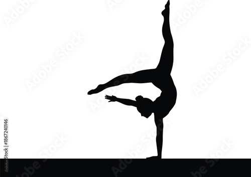 Gymnast silhouette vector illustration, handstand balance pose, acrobat fitness strength flexibility, yoga dance training black white graphic art design flat