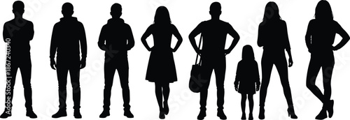 Black silhouettes of diverse people and family group standing in row, men and women in casual clothes collection isolated on white background vector