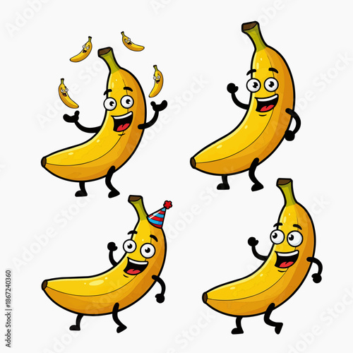 Cute Banana Cartoon Characters Set with Funny Happy Expressions