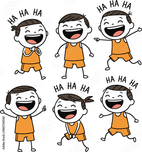 Set of Happy Laughing Kids Cartoon Characters in Orange OutfitsSet of Happy Laughing Kids Cartoon Characters in Orange Outfits