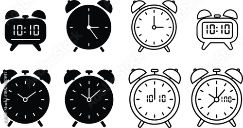 Collection of alarm clock vector icons in flat and line art styles featuring digital displays and classic twin bell designs for time management apps.