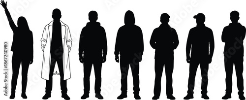 Crowd of black silhouettes of people standing in a row with one unique character in a white coat, diversity and leadership concept,