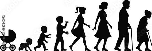 Human life cycle silhouette illustration, aging stages from baby to elderly, growth development concept, family lifespan, black white vector art