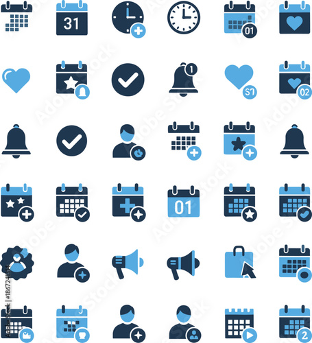 Calendar and notification icons set with reminders events alerts users hearts clocks isolated on white background modern flat vector UI design