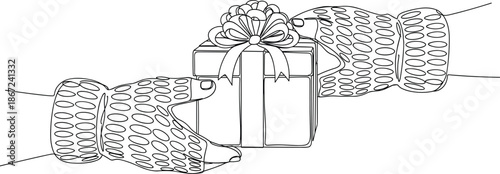 Hands holding gift box line art illustration with knitted gloves present isolated on white background holiday celebration outline vector design