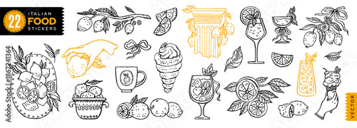 Lemon tree, cocktail, limoncello. Line Mediterranean summer hand drawn illustration. Doodle drawing. Lemons in Sicily Amalfi Italy. Mediterranean Italian kitchen vintage vector. Limoncello cocktail bg