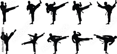 Martial arts kickboxing karate silhouette collection showing high kicks, combat training poses, fighter movement sequence, black and white vector illustration