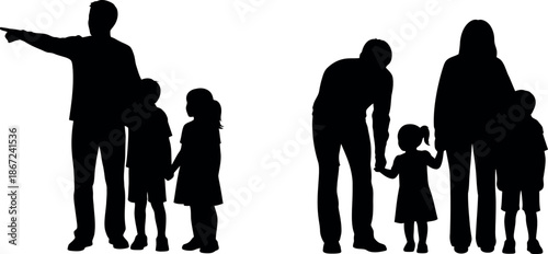 Silhouette of family members standing together in various poses