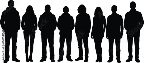 Group of diverse people silhouettes standing in a row, community of men and women icons, professional team assembly, isolated crowd vector illustration set