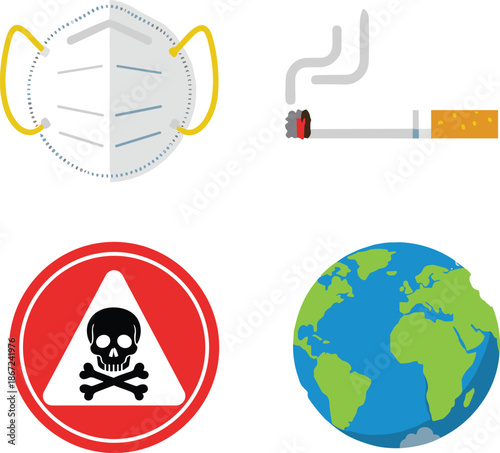 Environmental pollution concept illustration with face mask cigarette smoke toxic warning sign and earth globe isolated on white background vector