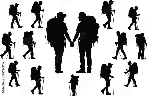 Set of hiking and trekking silhouettes with mountain backpackers, couple holding hands, outdoor adventure explorers, camping journey, and active lifestyle travel vector illustrations