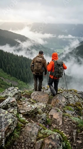 Two Hikers Standing on Mountain Cliff Overlooking Foggy Forest Valley Adventure Landscape