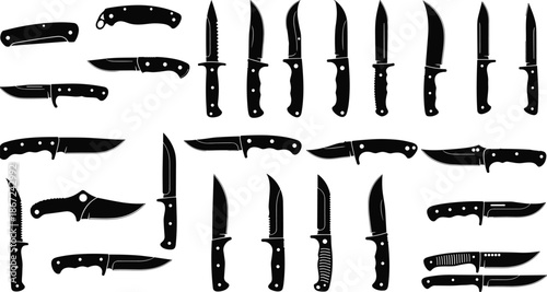 Set of various survival hunting and tactical knife silhouettes, military combat blade collection, pocket folding knives icons, professional steel weapon equipment vector illustration