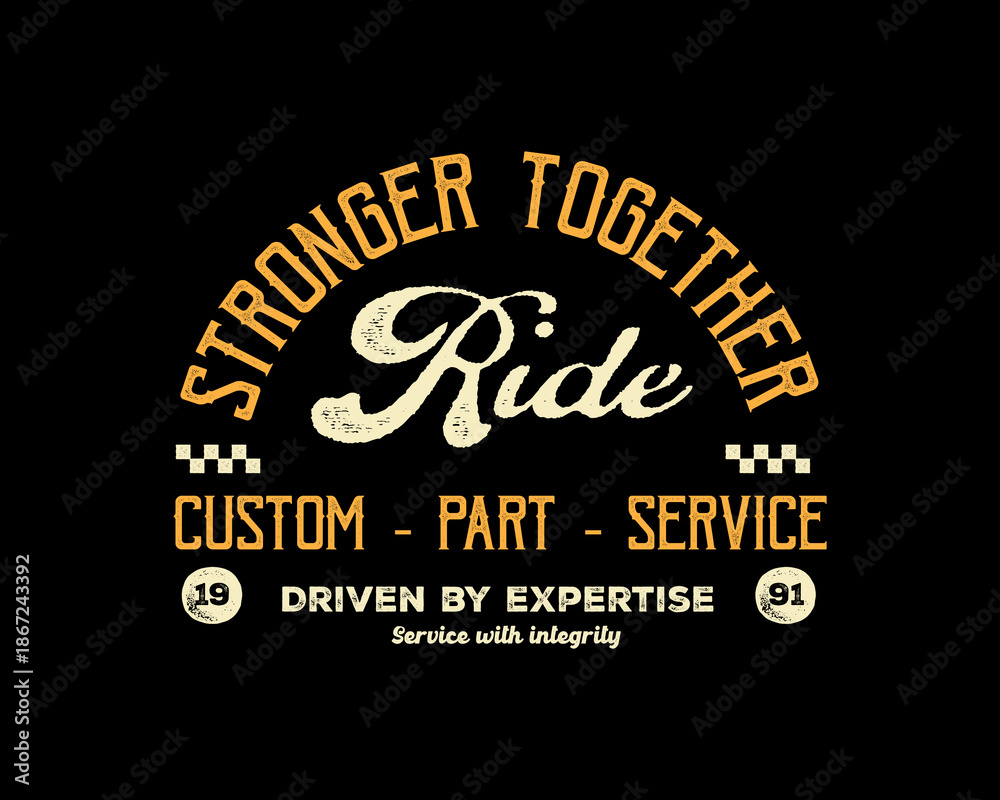 Fototapeta premium Vintage-style Ride Custom Part Service emblem with checkered fla