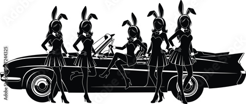 Silhouette of five fashion bunny girls posing with a classic vintage convertible car, retro pinup style vector illustration isolated on white background