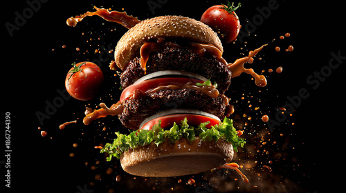 Burger with flying ingredients, sauce splash, motion effect, dynamic fast food concept