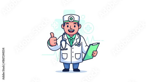 A cartoon doctor giving a thumbs up while holding a clipboard in a white coat and medical hat