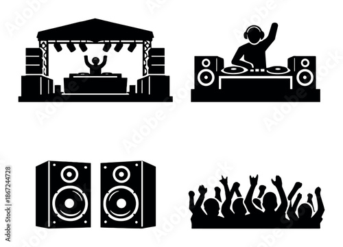 Dj and music festival icons with speakers, stage, crowd, and performer
