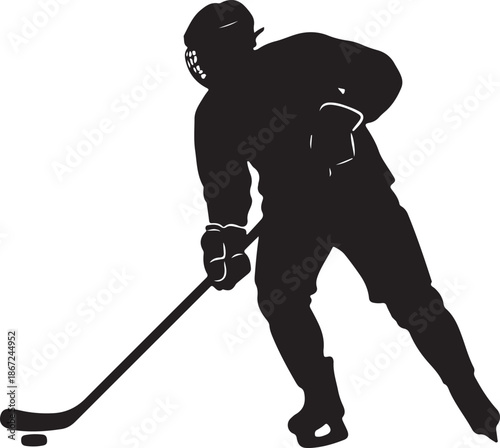 Black Silhouette of Ice Hockey Player Skating and Stickhandling Puck
