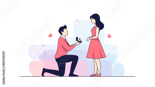 Man on one knee proposing to a woman with an engagement ring, symbolizing love, commitment, and the romantic start of their shared future journey