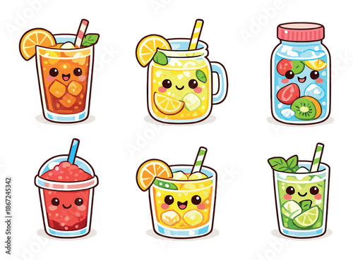 Cute cartoon beverages with smiling faces and fruit garnishes