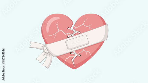 A cracked heart mended with bandages, symbolizing healing and recovery from emotional pain and heartbreak