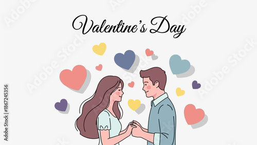 Romantic illustration of a loving couple holding hands, surrounded by hearts, celebrating a special bond and affection on Valentine's Day