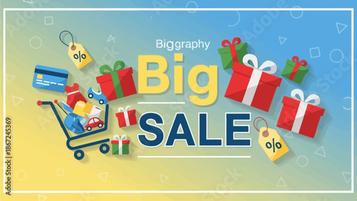 Massive Big Sale Event Offering Discounts on Various Items with Gift Boxes and Shopping Cart