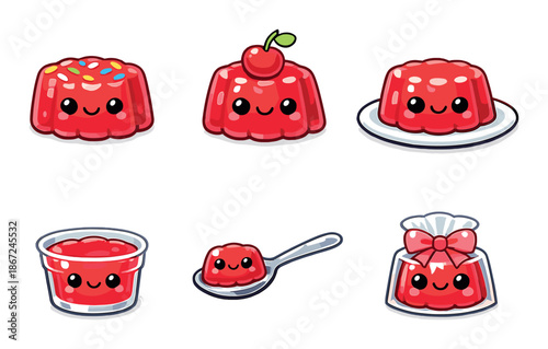 Cute red jelly characters with faces and decorations in various styles