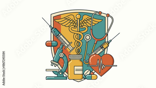 Medical Illustration Featuring Syringe, Medicine, Caduceus, Heart, and Stethoscope