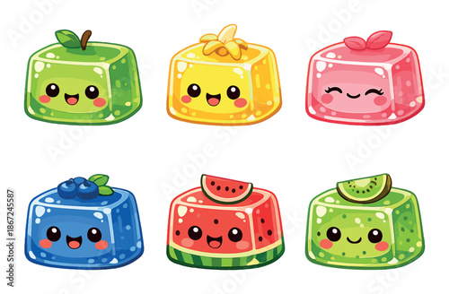 Cute colorful fruit jelly characters with happy faces and leaf accents