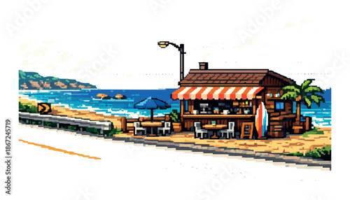 Pixel art seaside cafe with ocean view and surfer vibe
